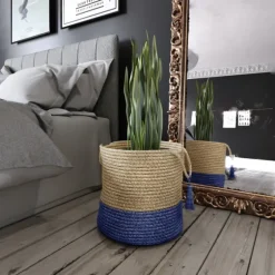 Blue And Tan Woven Jute Basket With Tassel, 17 In.-Kirkland's Home New