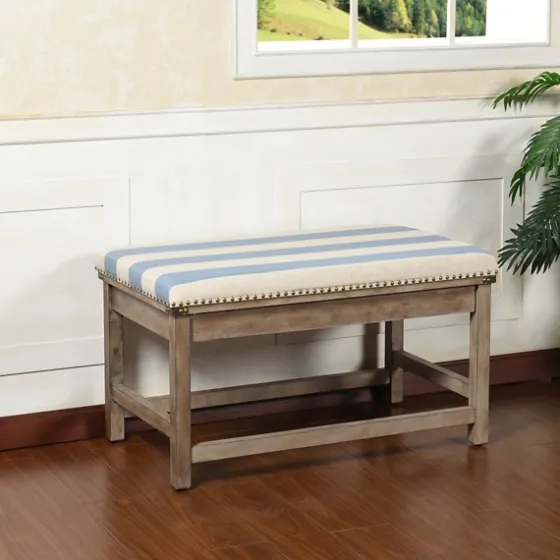 Blue And White Striped Upholstered Wood Bench-Kirkland's Home Cheap