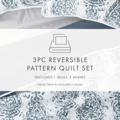 Blue Damask Reversible 3-Pc. King Quilt Set-Kirkland's Home Cheap