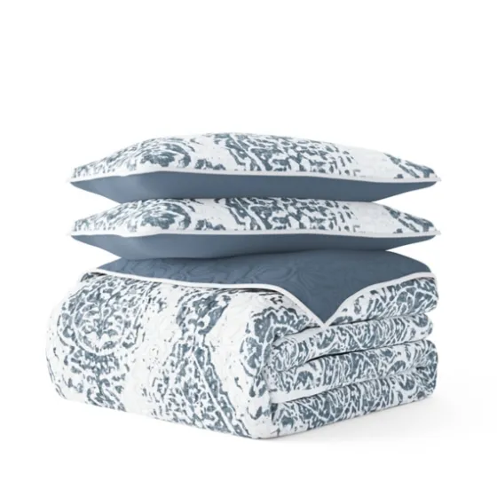 Blue Damask Reversible 3-Pc. Queen Quilt Set-Kirkland's Home Clearance