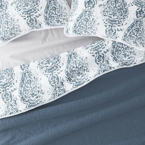Blue Damask Reversible 3-Pc. Queen Quilt Set-Kirkland's Home Clearance