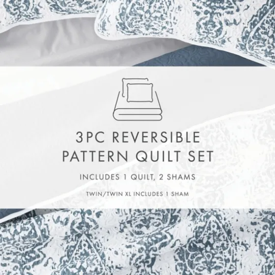 Blue Damask Reversible 3-Pc. Queen Quilt Set-Kirkland's Home Clearance