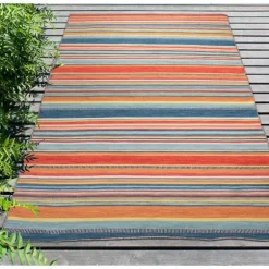 Blue Dhurri Stripe Indoor/Outdoor Area Rug, 7X9-Kirkland's Home Online