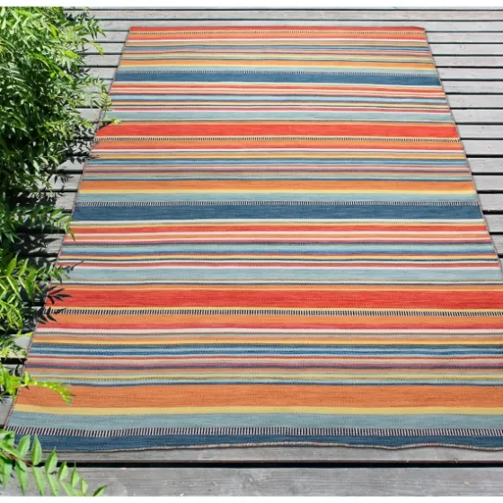 Blue Dhurri Stripe Indoor/Outdoor Area Rug, 7X9-Kirkland's Home Online