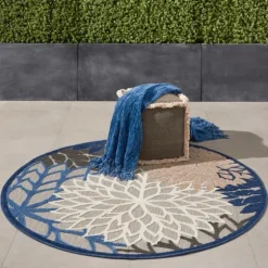 Blue Floral Burst Round Outdoor Area Rug, 5X5-Kirkland's Home Online