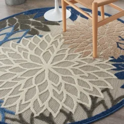 Blue Floral Burst Round Outdoor Area Rug, 5X5-Kirkland's Home Online