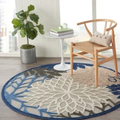 Blue Floral Burst Round Outdoor Area Rug, 5X5-Kirkland's Home Online