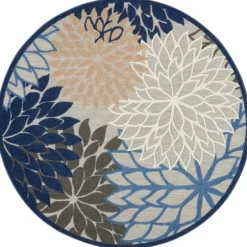 Blue Floral Burst Round Outdoor Area Rug, 7X7-Kirkland's Home Shop