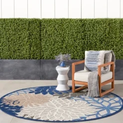 Blue Floral Burst Round Outdoor Area Rug, 7X7-Kirkland's Home Shop