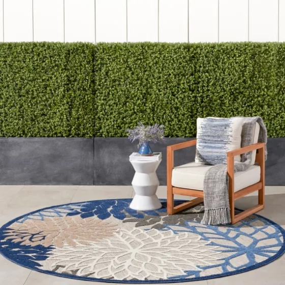 Blue Floral Burst Round Outdoor Area Rug, 7X7-Kirkland's Home Shop