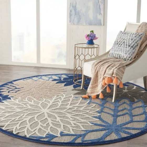 Blue Floral Burst Round Outdoor Area Rug, 7X7-Kirkland's Home Shop
