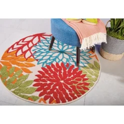 Bright Leaves Round Outdoor Area Rug, 5X5-Kirkland's Home New