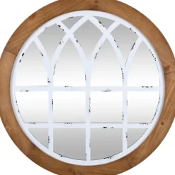 Brown And Wooden Round Windowpane Mirror-Kirkland's Home Outlet