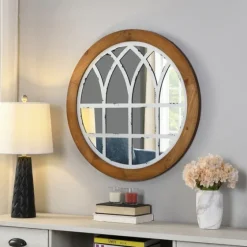 Brown And Wooden Round Windowpane Mirror-Kirkland's Home Outlet