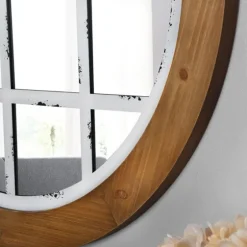 Brown And Wooden Round Windowpane Mirror-Kirkland's Home Outlet