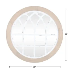 Brown And Wooden Round Windowpane Mirror-Kirkland's Home Outlet