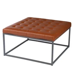 Brown Button Tufted Faux Leather Ottoman-Kirkland's Home Cheap
