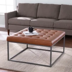 Brown Button Tufted Faux Leather Ottoman-Kirkland's Home Cheap