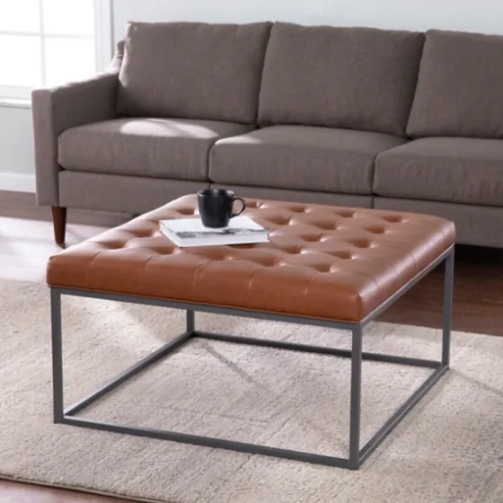Brown Button Tufted Faux Leather Ottoman-Kirkland's Home Cheap