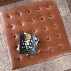 Brown Button Tufted Faux Leather Ottoman-Kirkland's Home Cheap