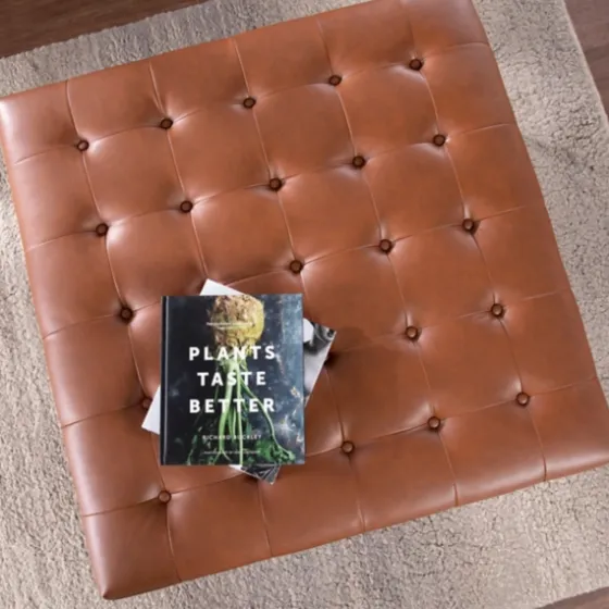 Brown Button Tufted Faux Leather Ottoman-Kirkland's Home Cheap