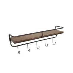 Brown Metal Frame Wood Wall Shelf With Hooks-Kirkland's Home Clearance