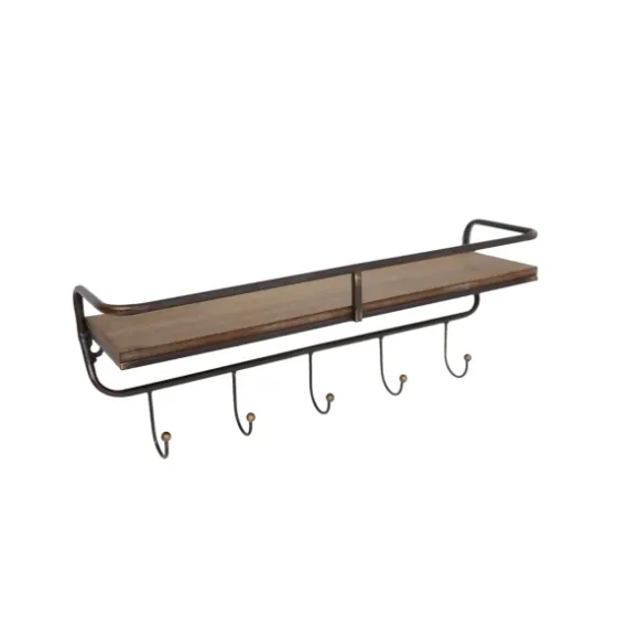 Brown Metal Frame Wood Wall Shelf With Hooks-Kirkland's Home Clearance