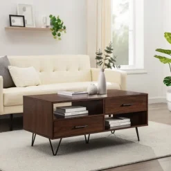 Brown Wood & Black Metal Hairpin Legs Coffee Table-Kirkland's Home New