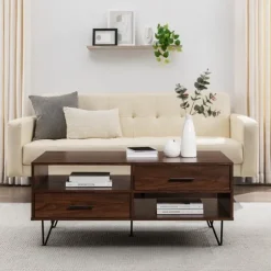 Brown Wood & Black Metal Hairpin Legs Coffee Table-Kirkland's Home New