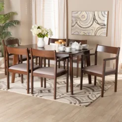 Brown Wood And Beige Upholstered 7-Pc. Dining Set-Kirkland's Home Shop