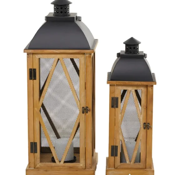 Brown Wood And Black Mesh Lanterns, Set Of 2-Kirkland's Home Best Sale