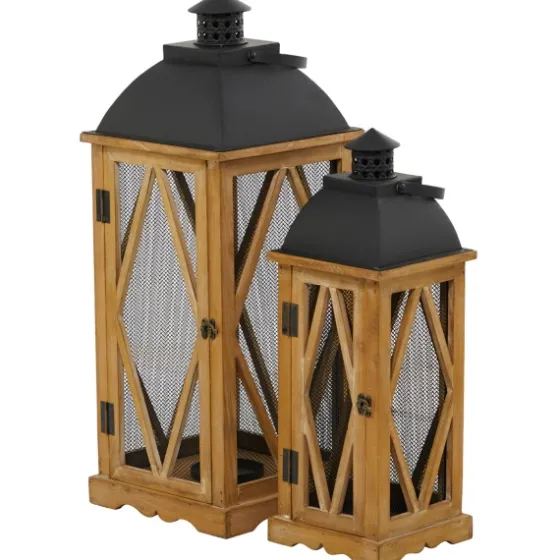 Brown Wood And Black Mesh Lanterns, Set Of 2-Kirkland's Home Best Sale