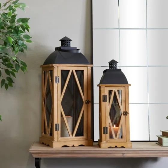 Brown Wood And Black Mesh Lanterns, Set Of 2-Kirkland's Home Best Sale