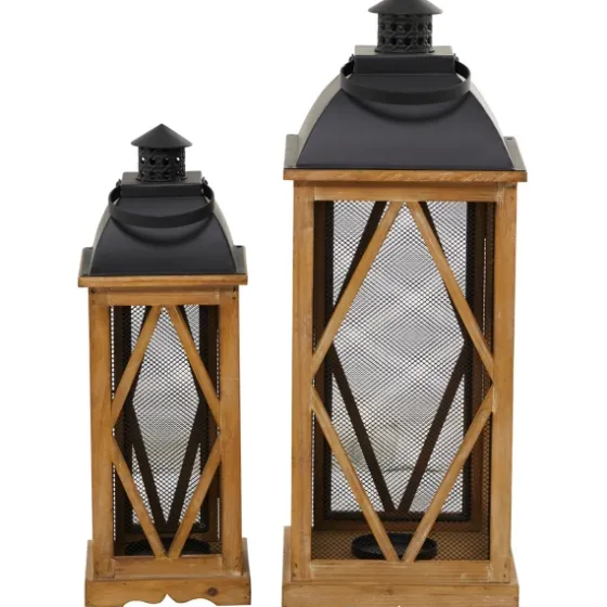 Brown Wood And Black Mesh Lanterns, Set Of 2-Kirkland's Home Best Sale
