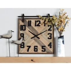 Brown Wood Black Metal Accent Square Wall Clock-Kirkland's Home Outlet
