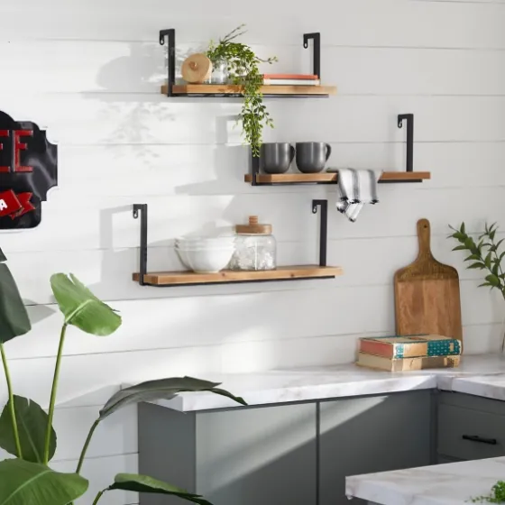 Brown Wood Black Metal Frame 3-Pc. Wall Shelves-Kirkland's Home Online