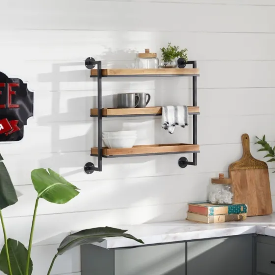 Brown Wood Black Metal Pipe Frame Wall Shelf-Kirkland's Home Best