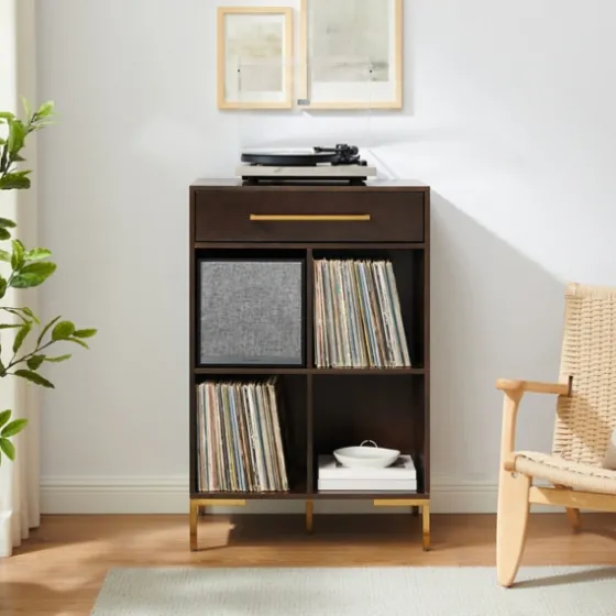 Cadence Gold Record Storage Bookcase With Speaker-Kirkland's Home Clearance