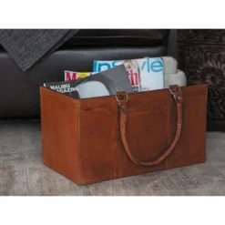 Camel Rustic Leather Magazine Rack Basket-Kirkland's Home Clearance