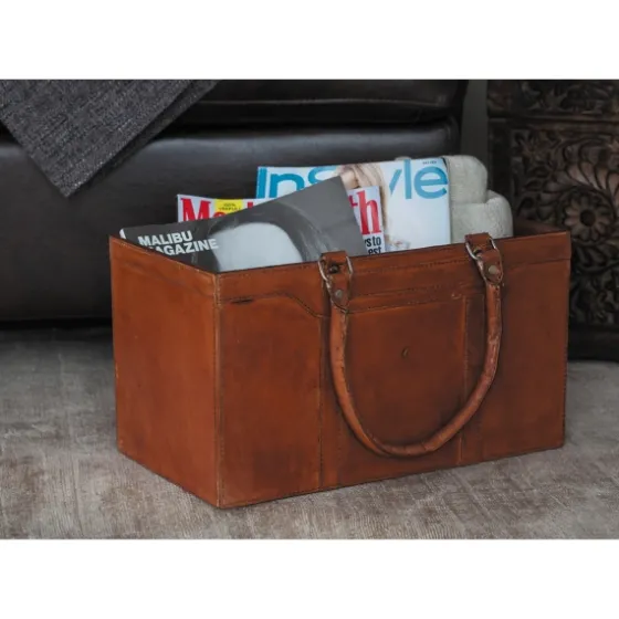 Camel Rustic Leather Magazine Rack Basket-Kirkland's Home Clearance