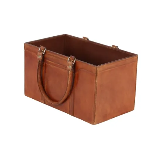 Camel Rustic Leather Magazine Rack Basket-Kirkland's Home Clearance