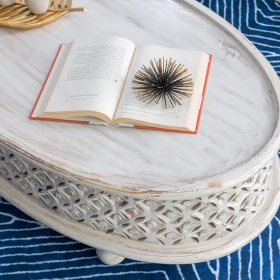 Carved Lattice Wood Oval Coffee Table-Kirkland's Home Online