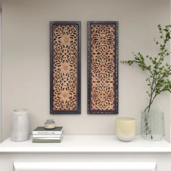 Carved Mahogany 2-Pc. Floral Motif Plaque Set-Kirkland's Home Discount