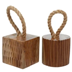 Carved Teak Wood And Rope Door Stoppers, Set Of 2-Kirkland's Home Shop