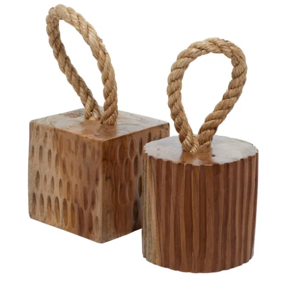 Carved Teak Wood And Rope Door Stoppers, Set Of 2-Kirkland's Home Shop