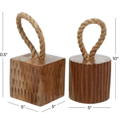 Carved Teak Wood And Rope Door Stoppers, Set Of 2-Kirkland's Home Shop
