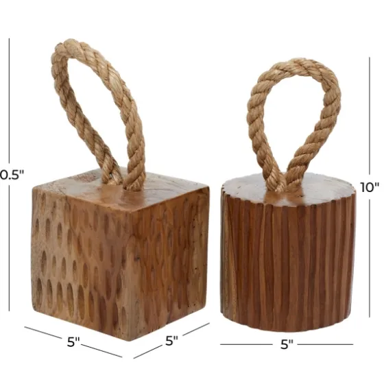 Carved Teak Wood And Rope Door Stoppers, Set Of 2-Kirkland's Home Shop