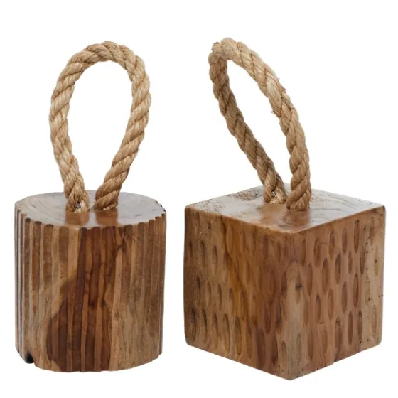 Carved Teak Wood And Rope Door Stoppers, Set Of 2-Kirkland's Home Shop