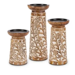Carved Wood Floral Pillar Candle Holders, Set Of 3-Kirkland's Home New