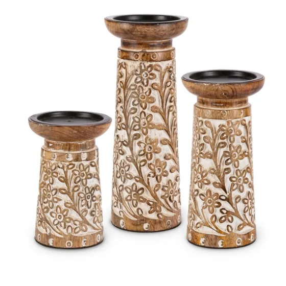 Carved Wood Floral Pillar Candle Holders, Set Of 3-Kirkland's Home New